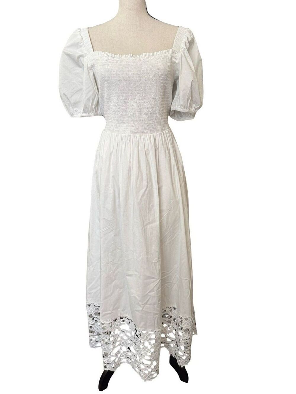 CeCe Women’s White Smocked Puff Sleeve Midi Dress Eyelet Lace Cottagecore L